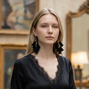 ettika Black Tassel Drop Earrings with Gold Chains